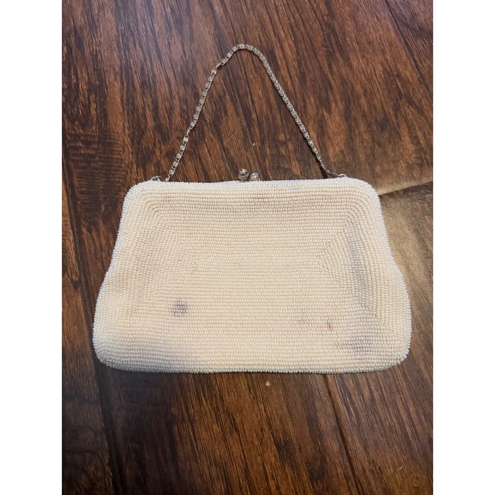Vintage Made in Japan White Beaded Floral Clutch Evening Bag Silver Chain Strap
